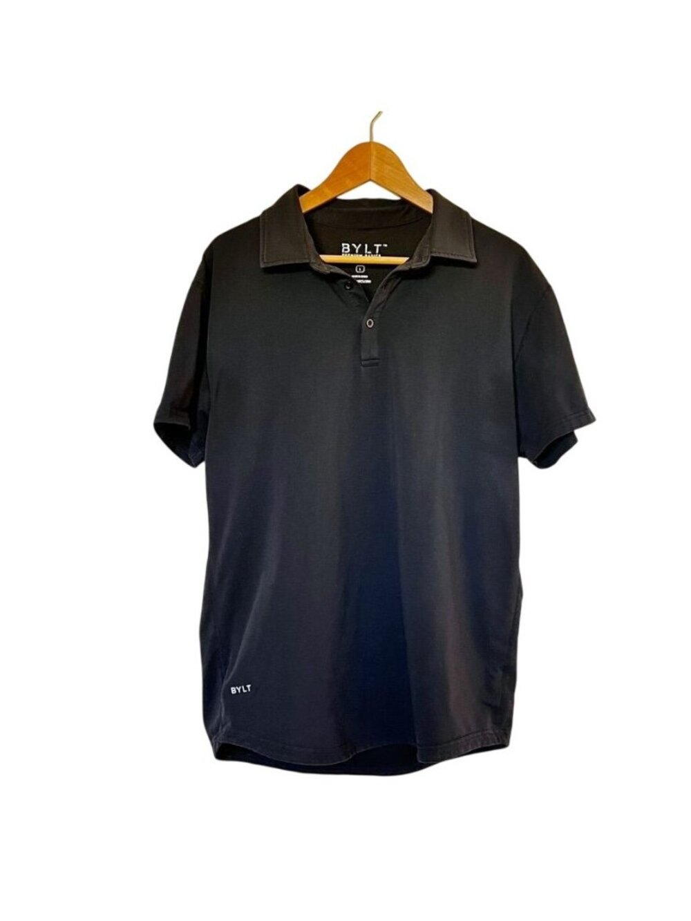 BYLT Mens Sz L Black Polo Premium LUX Fabric Stretch Drop Cut Hem Classic Staple - Picture 2 of 12
